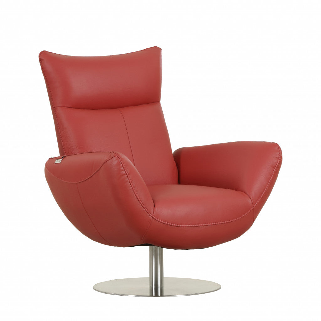 37" Red And Silver Genuine Leather Swivel Lounge Chair - Loft&Timber