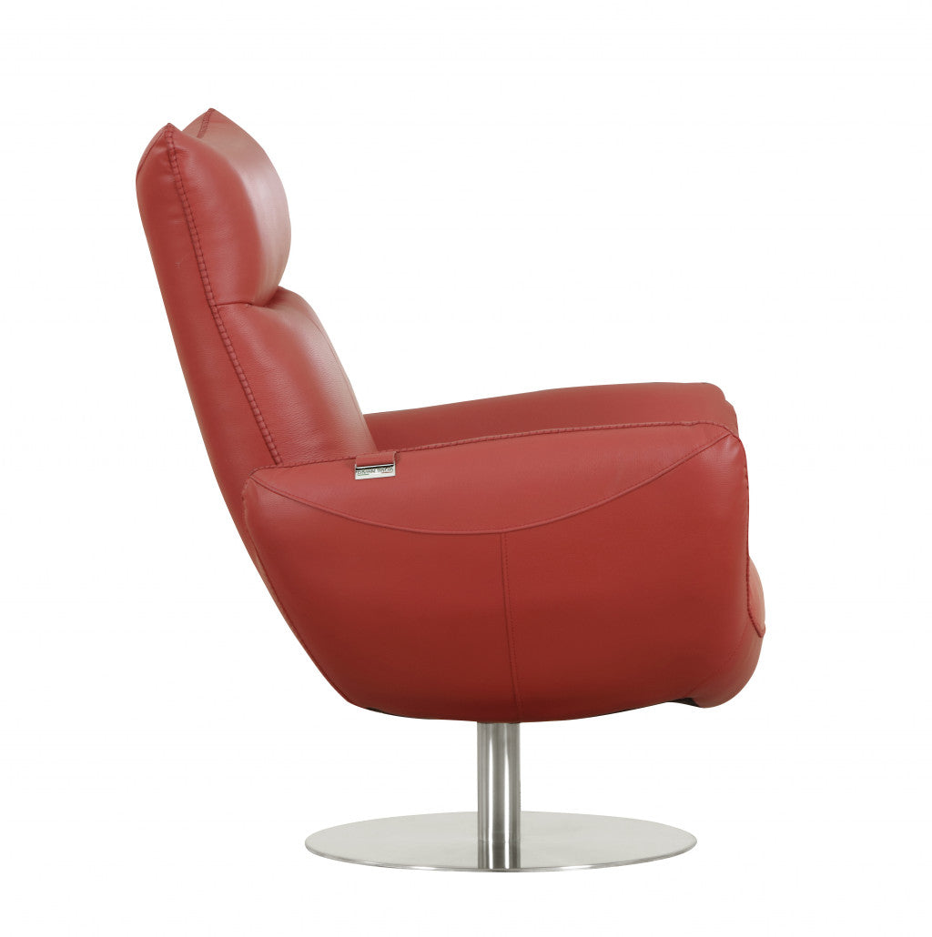 37" Red And Silver Genuine Leather Swivel Lounge Chair - Loft&Timber
