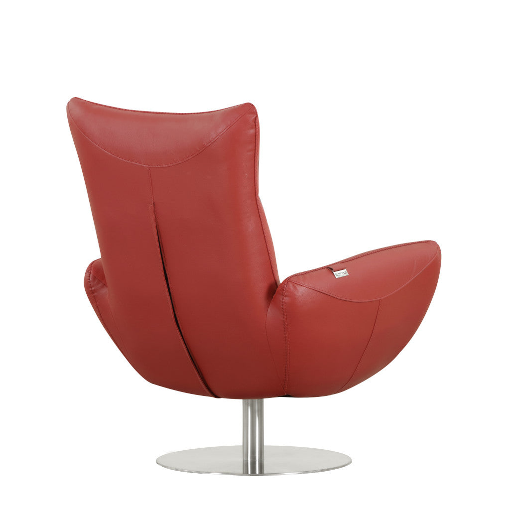 37" Red And Silver Genuine Leather Swivel Lounge Chair - Loft&Timber