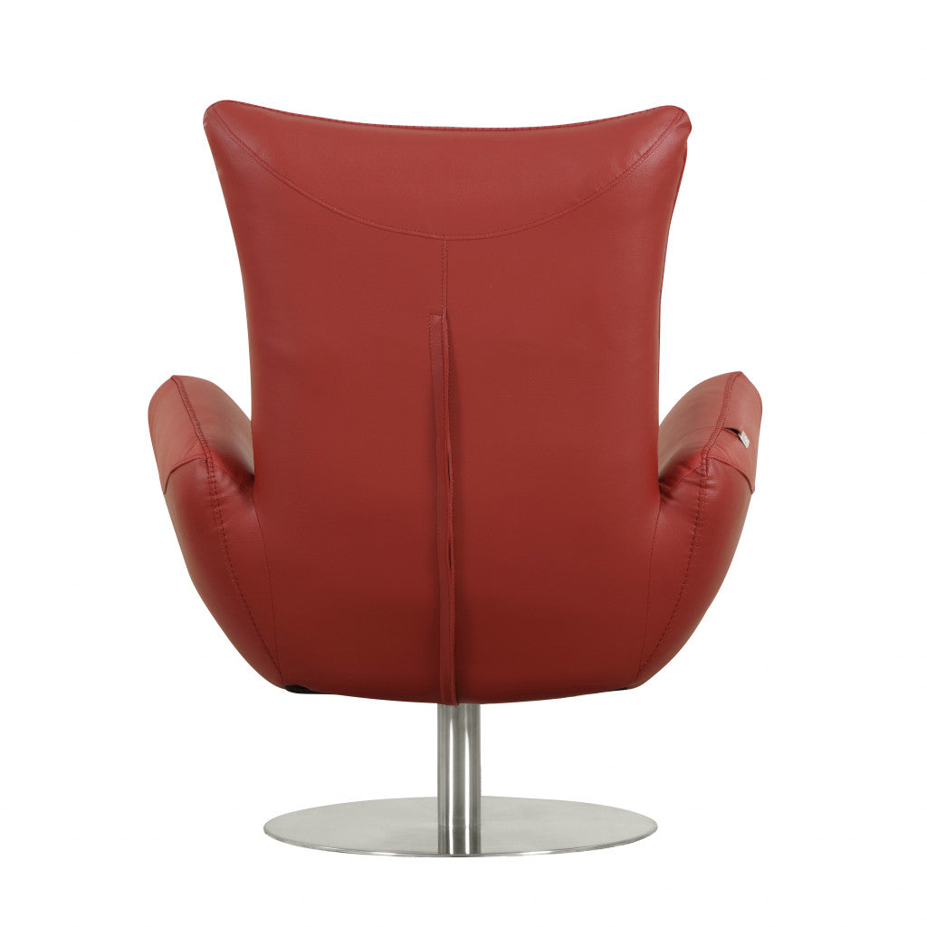 37" Red And Silver Genuine Leather Swivel Lounge Chair - Loft&Timber