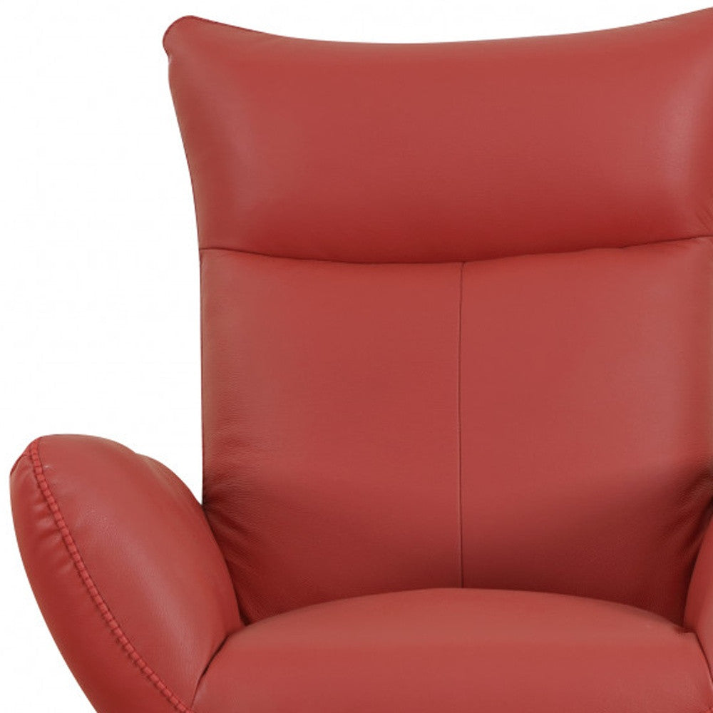 37" Red And Silver Genuine Leather Swivel Lounge Chair - Loft&Timber