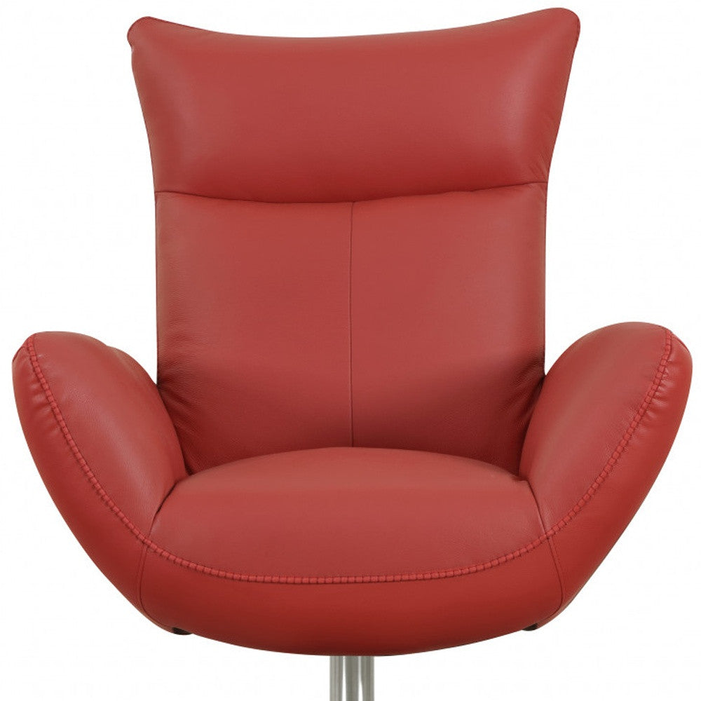 37" Red And Silver Genuine Leather Swivel Lounge Chair - Loft&Timber