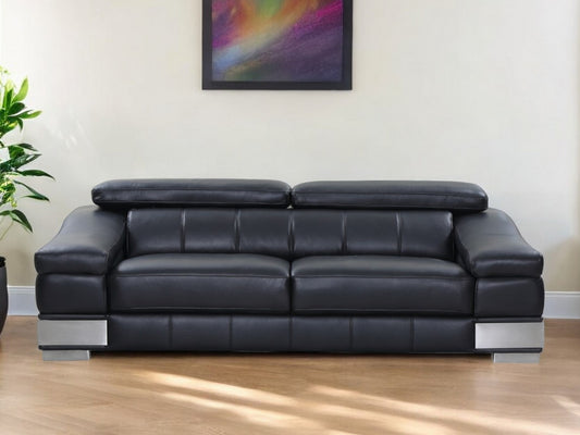 92" Black Italian Leather Sofa With Silver Legs-0