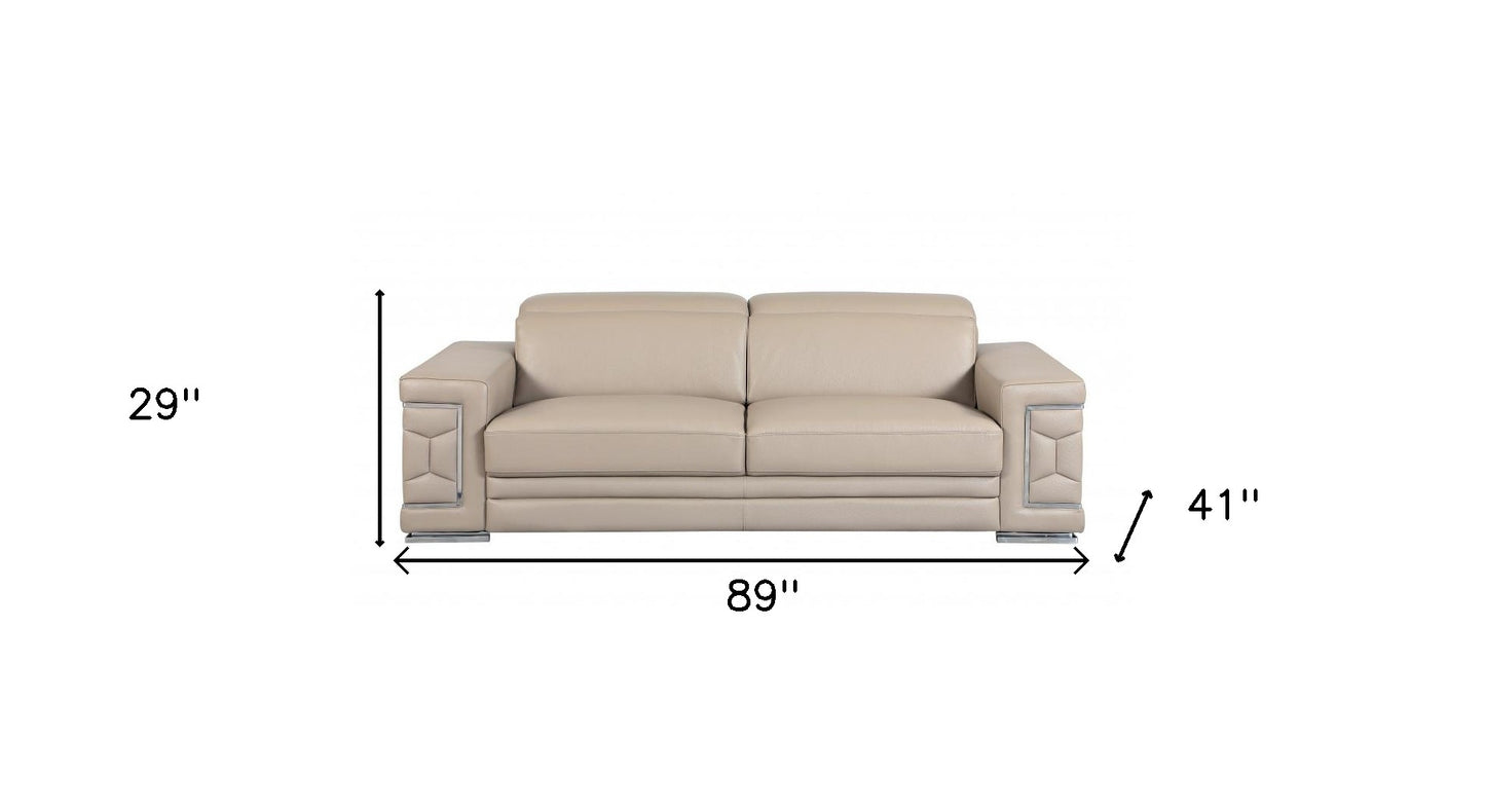 89" Beige Italian Leather Sofa With Silver Legs-7