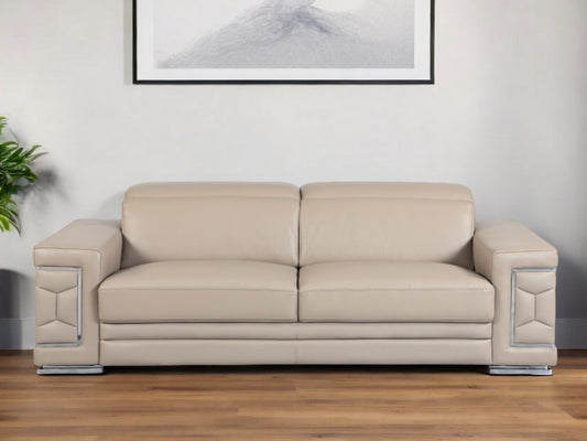 89" Beige Italian Leather Sofa With Silver Legs-0