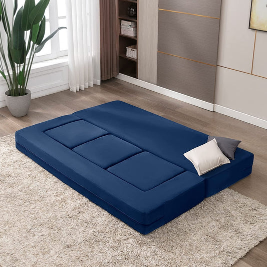 Blue Velvet Futon Sofa Bed with Ottomans-1
