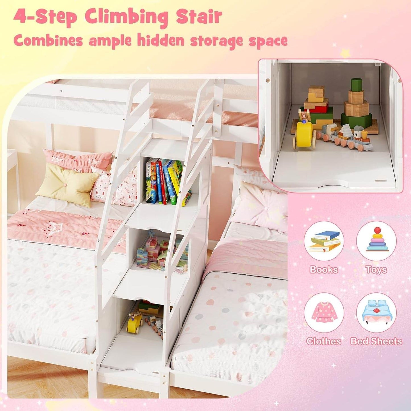 Twin over Twin & Twin Bunk Bed, Triple Bunk Beds with 4-Step Storage Stair, Guardrail & Solid Wood Structure, Wooden 3 Bunk Beds for Kids Teens, No Box Spring Needed, White - Loft&Timber