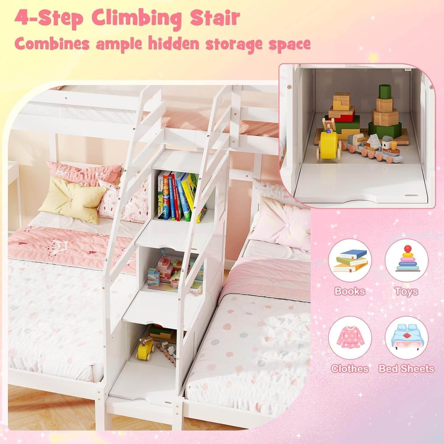 Twin over Twin & Twin Bunk Bed, Triple Bunk Beds with 4-Step Storage Stair, Guardrail & Solid Wood Structure, Wooden 3 Bunk Beds for Kids Teens, No Box Spring Needed, White - Loft&Timber