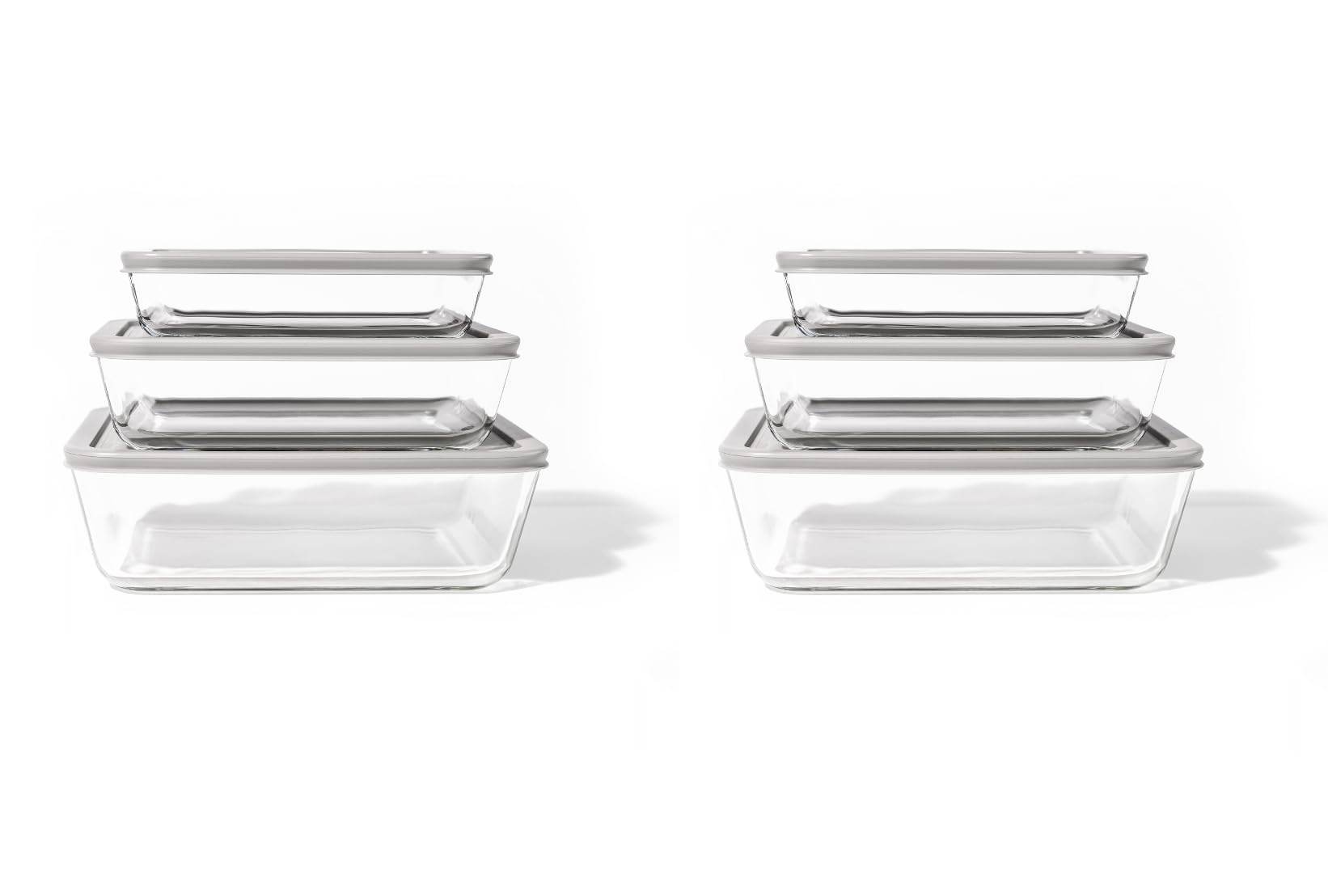 Glass Food Storage Containers - 12 Piece (6 Containers + 6 Lids) Rectangular Nesting Space-Saving Set - Loft&Timber