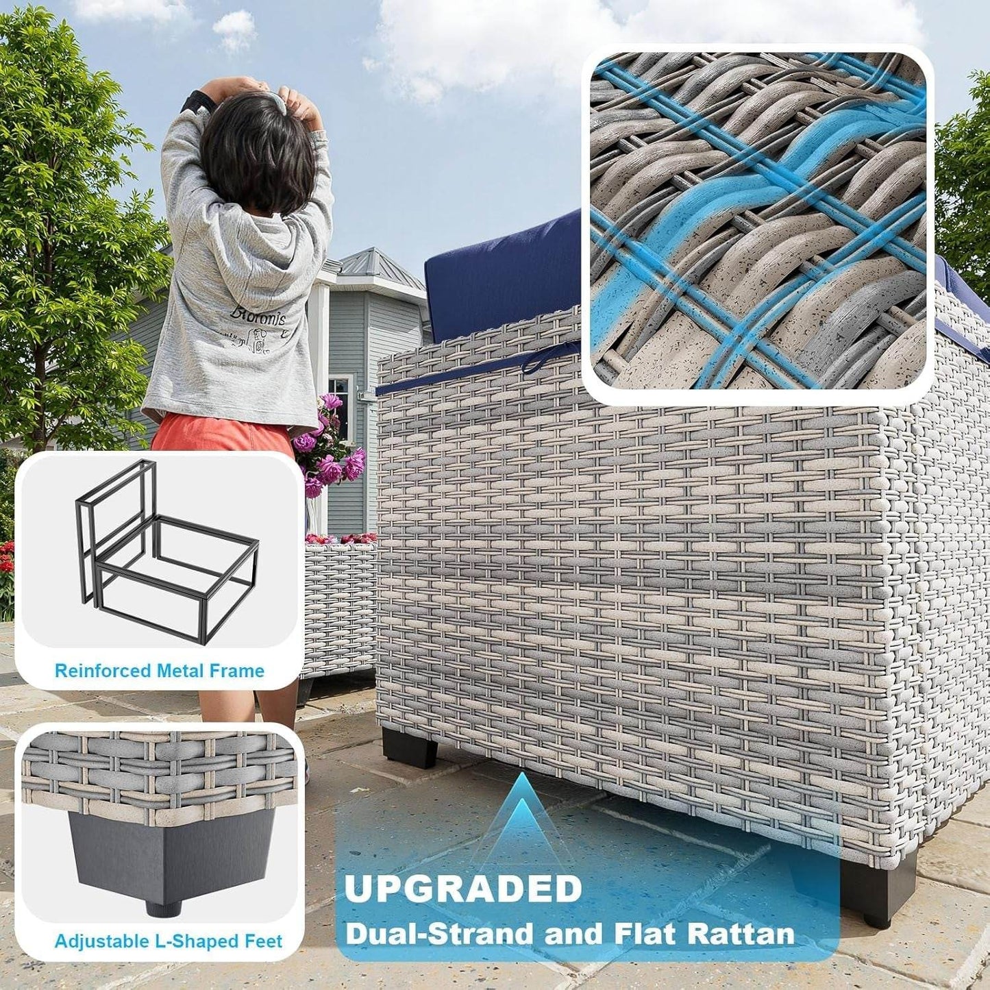 7-Piece Patio Furniture Set, Outdoor Patio Furniture with Thick Cushions, Modular Patio Sofa, Dual-Strand Wicker Rattan, Rust-Resistant Frame, Backyard Furniture for Garden, Deck, Navy Blue - Loft&Timber