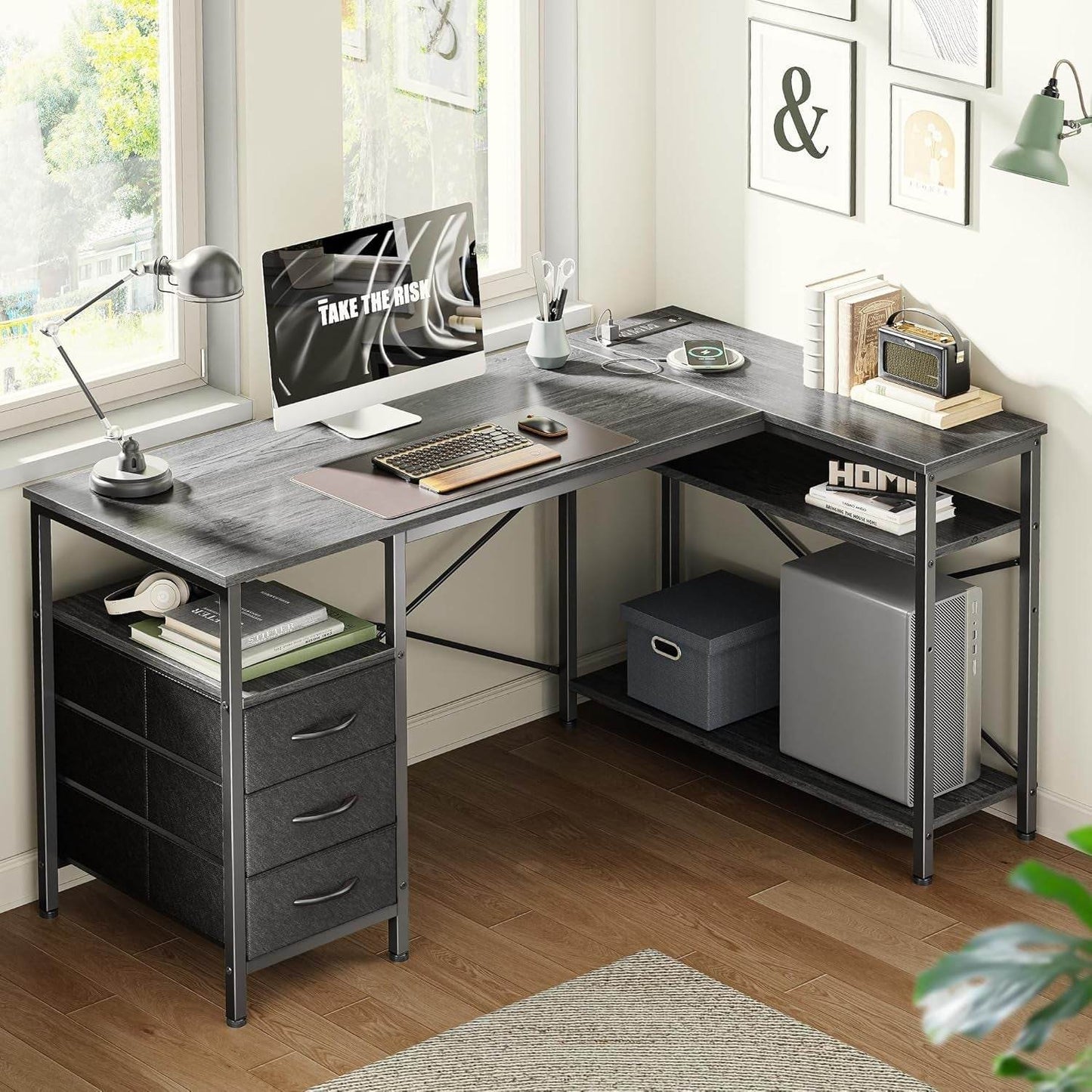 L Shaped Desk with Power Outlets in Gray - Loft&Timber