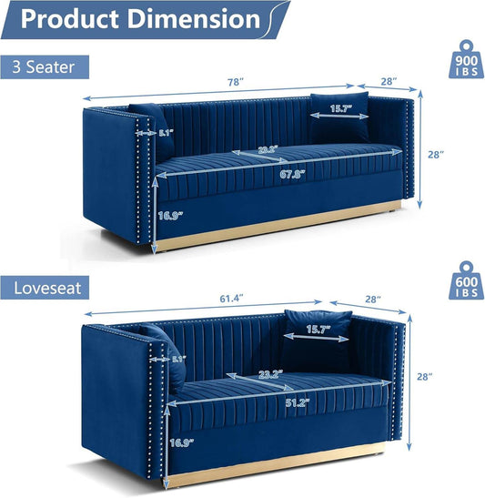 Luxury Velvet Sofa Set for Living Room, Modern Decor Furniture in Blue - Loft&Timber