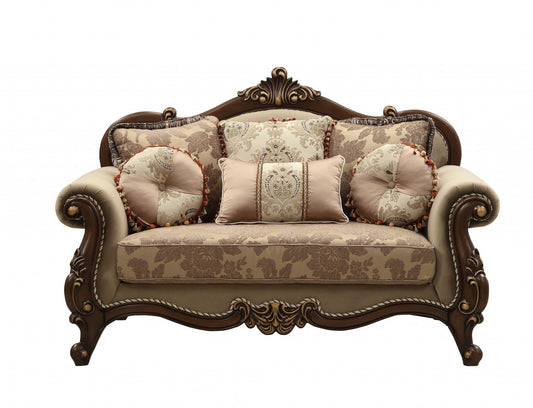 69" Beige and Gold And Brown Velvet Paisley Loveseat and Toss Pillows - Loft&Timber