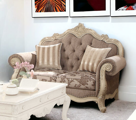 69" Gray And Off White Damask Chesterfield Loveseat and Toss Pillows - Loft&Timber