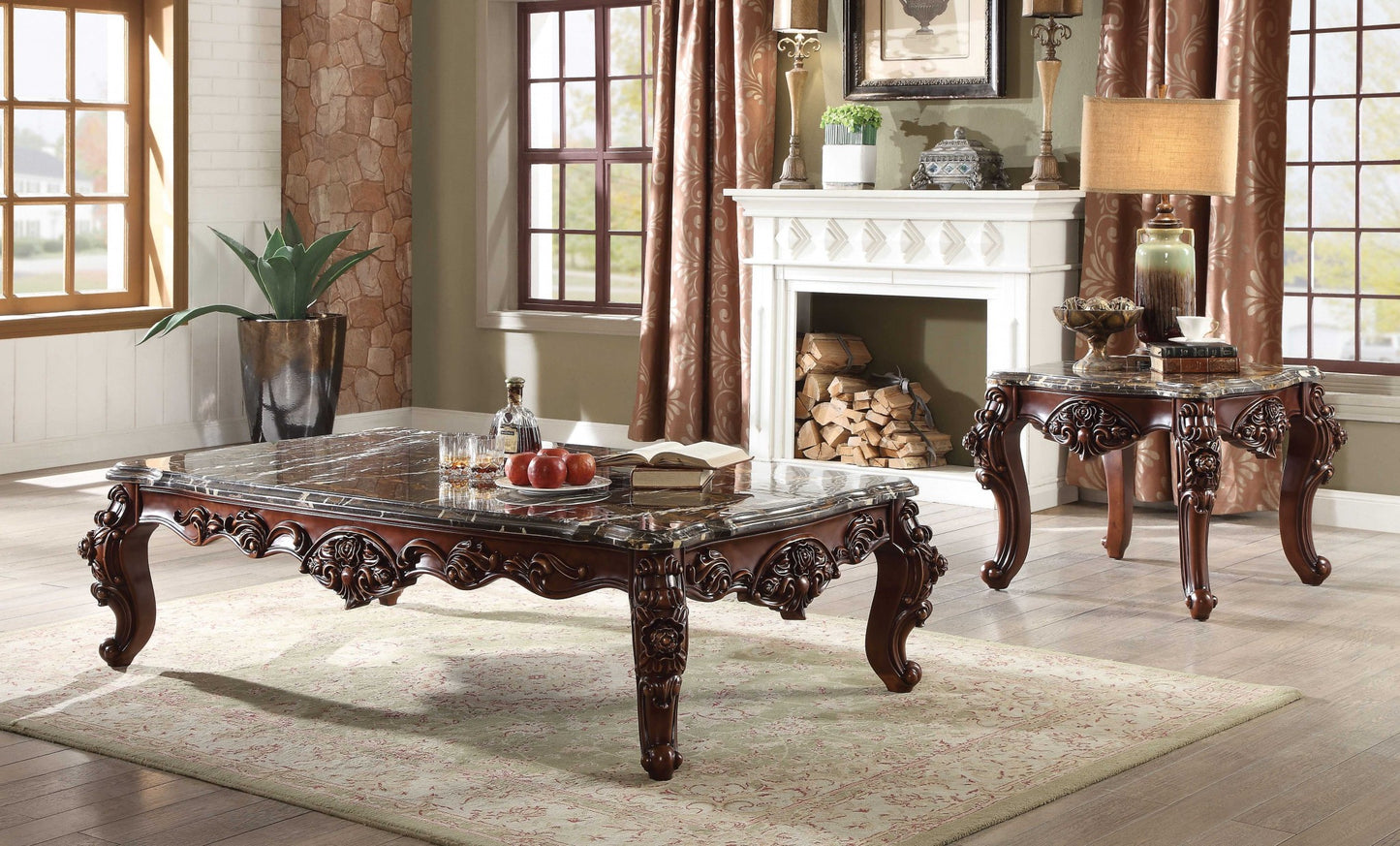 40" Dark Brown and Merlot Genuine Marble And Solid Wood Coffee Table - Loft&Timber
