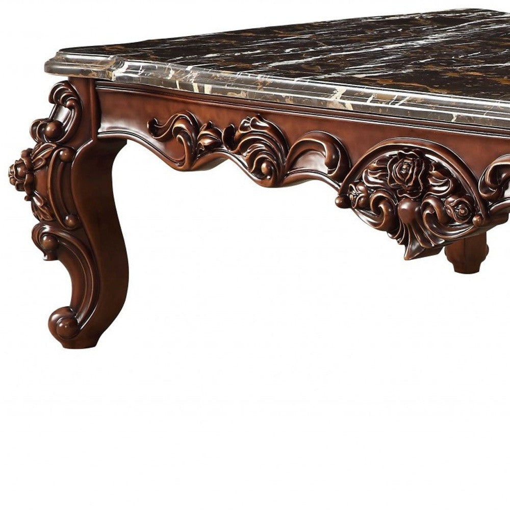 40" Dark Brown and Merlot Genuine Marble And Solid Wood Coffee Table - Loft&Timber