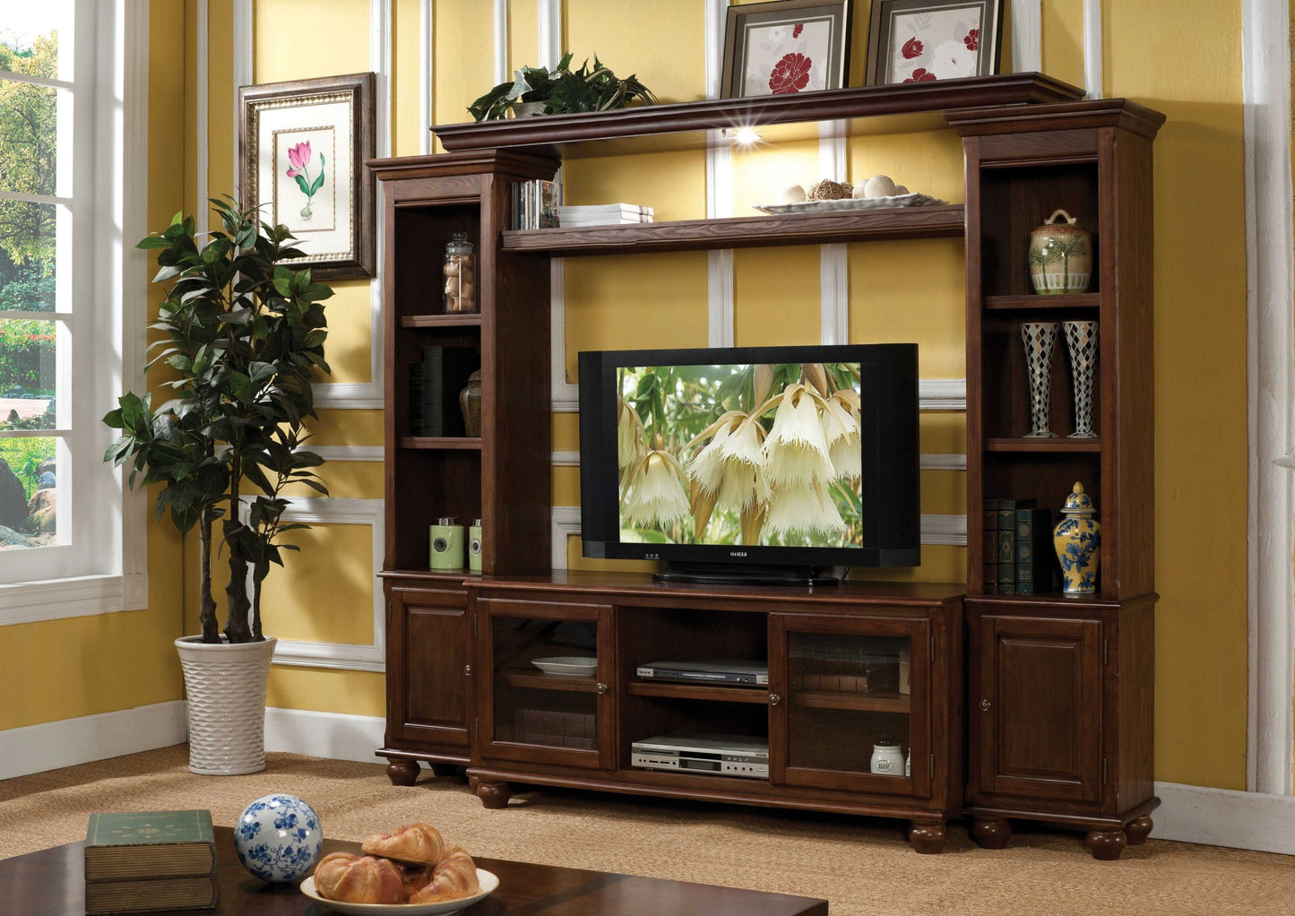 58" Brown Enclosed And Open Storage Wood And Glass TV Stand-5