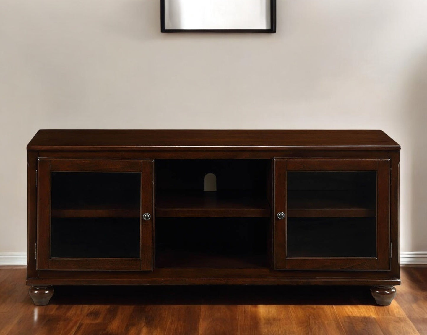 58" Brown Enclosed And Open Storage Wood And Glass TV Stand-1