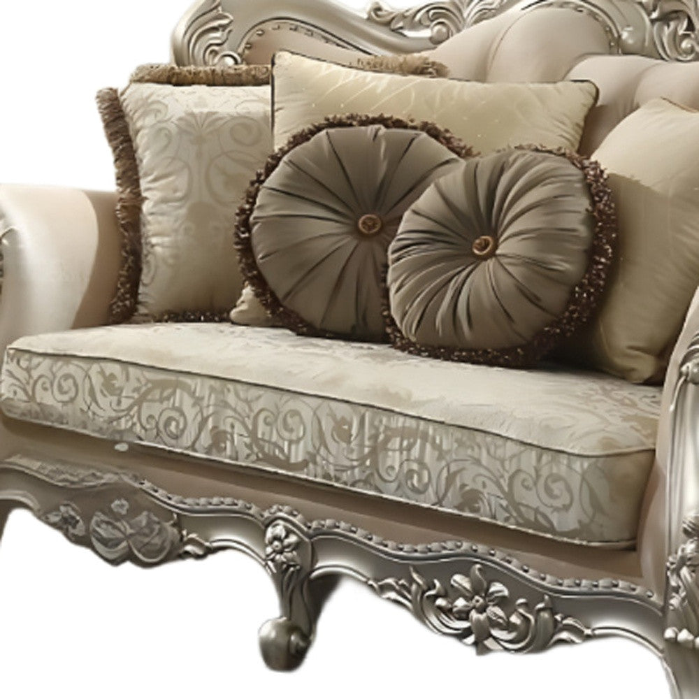 88" Champagne Velvet Curved Floral Sofa And Toss Pillows-2