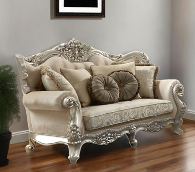 88" Champagne Velvet Curved Floral Sofa And Toss Pillows-1
