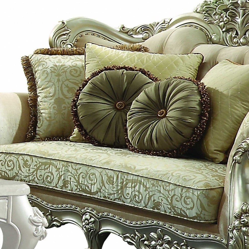 72" Green And Light Green Polyester Blend Damask Chesterfield Loveseat and Toss Pillows - Loft&Timber
