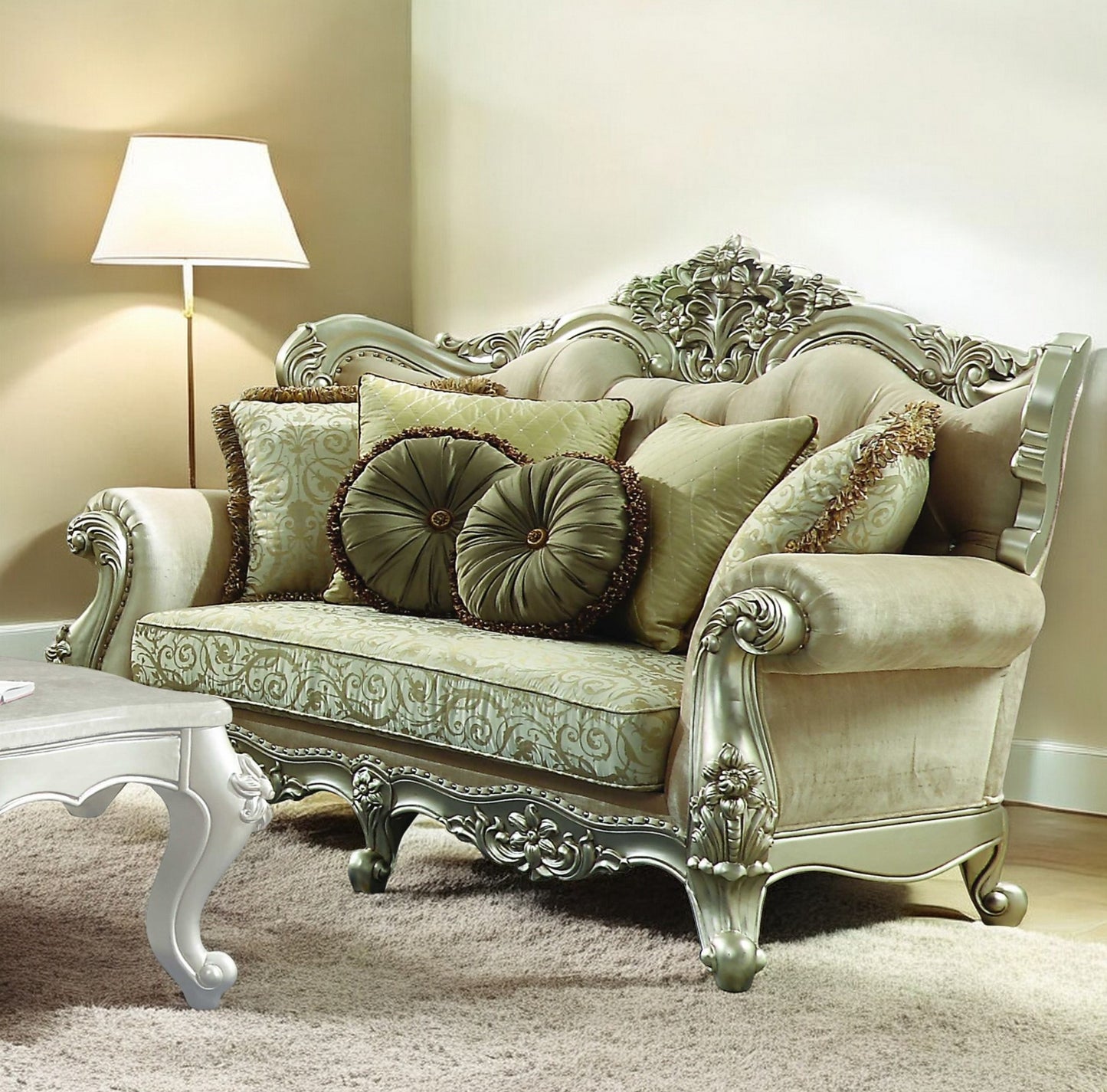 72" Green And Light Green Polyester Blend Damask Chesterfield Loveseat and Toss Pillows - Loft&Timber