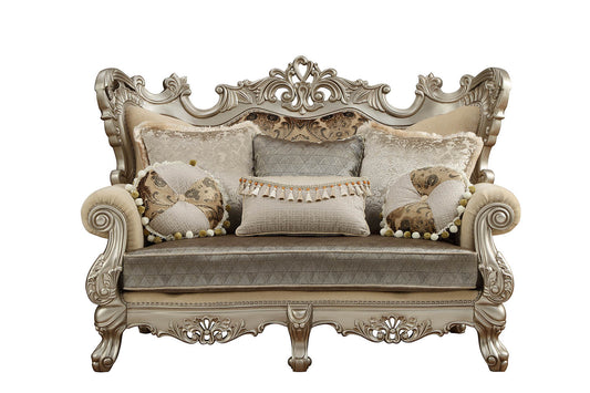 72" Cream And Platinum Damask Chesterfield Loveseat and Toss Pillows - Loft&Timber