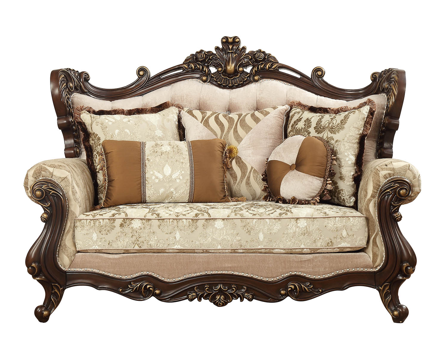 70" Beige and Brown And Brown Damask Loveseat and Toss Pillows - Loft&Timber