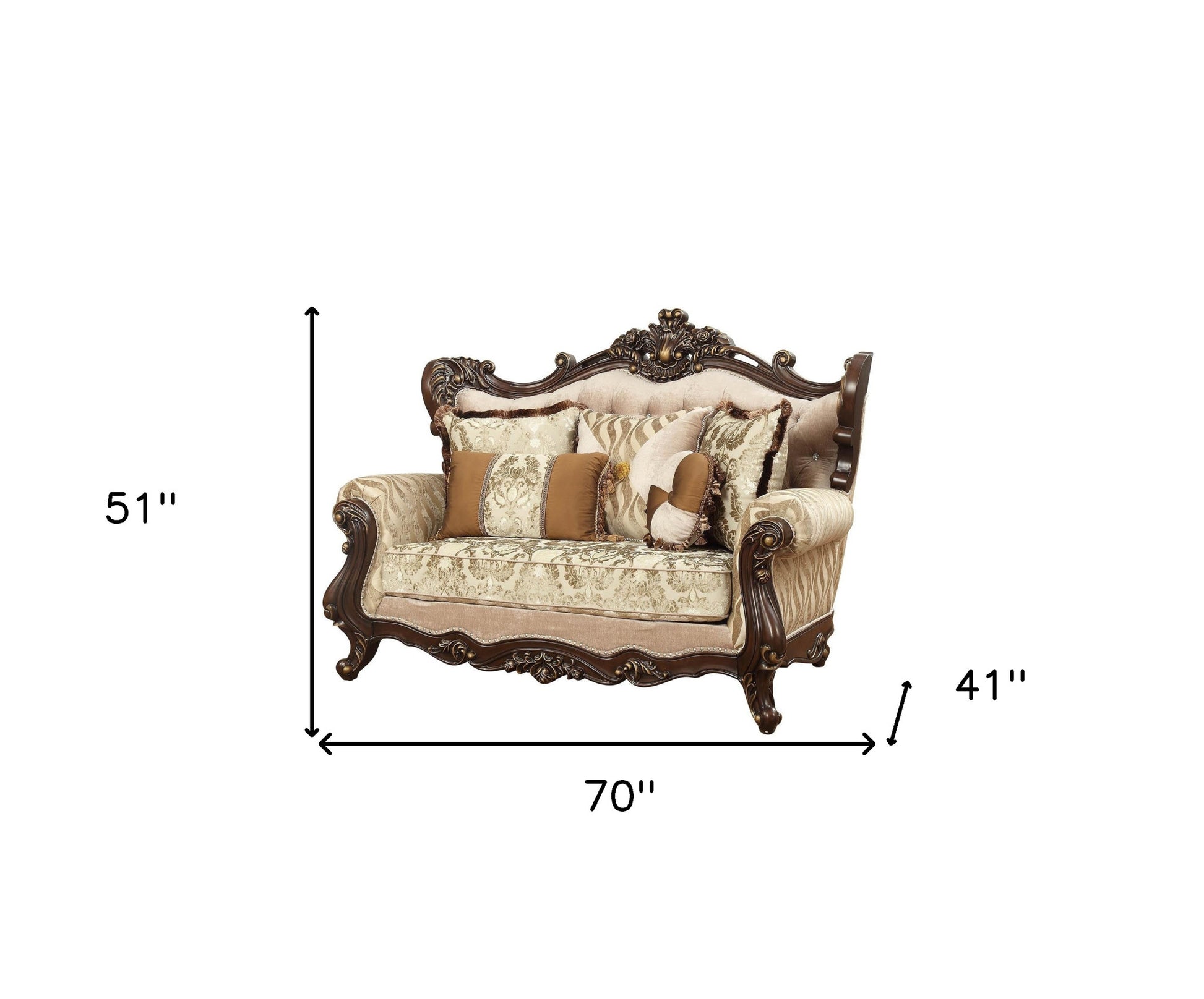 70" Beige and Brown And Brown Damask Loveseat and Toss Pillows - Loft&Timber