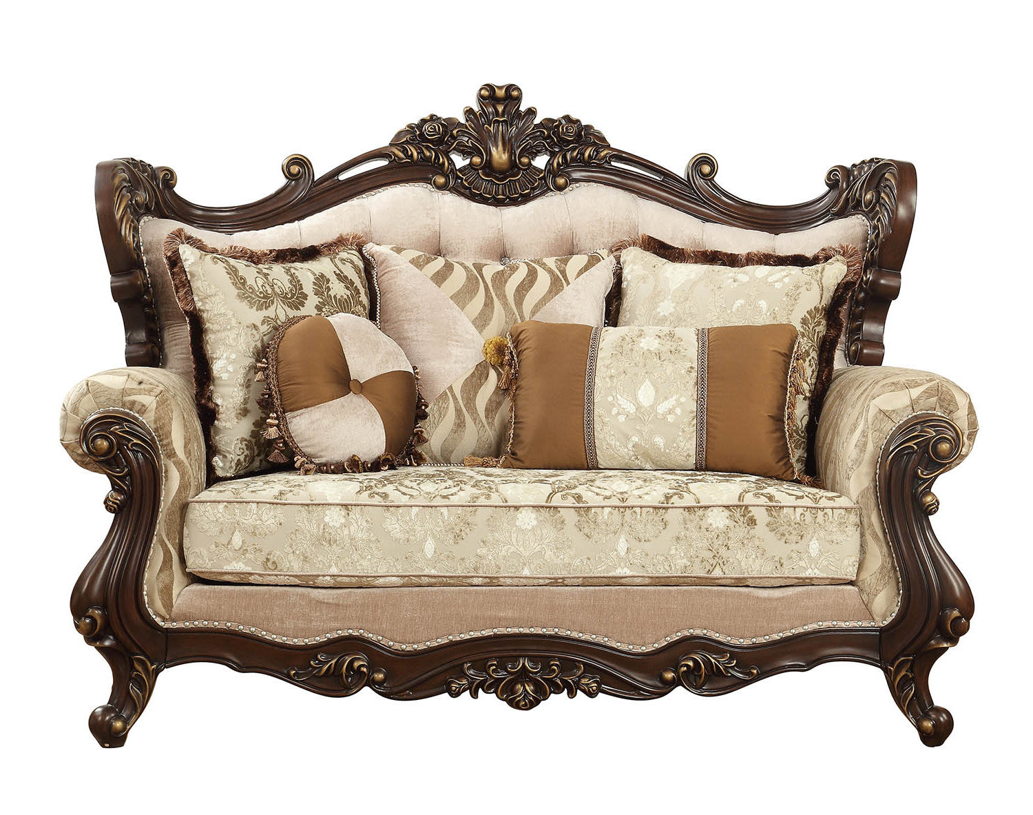 70" Beige and Brown And Brown Damask Loveseat and Toss Pillows - Loft&Timber