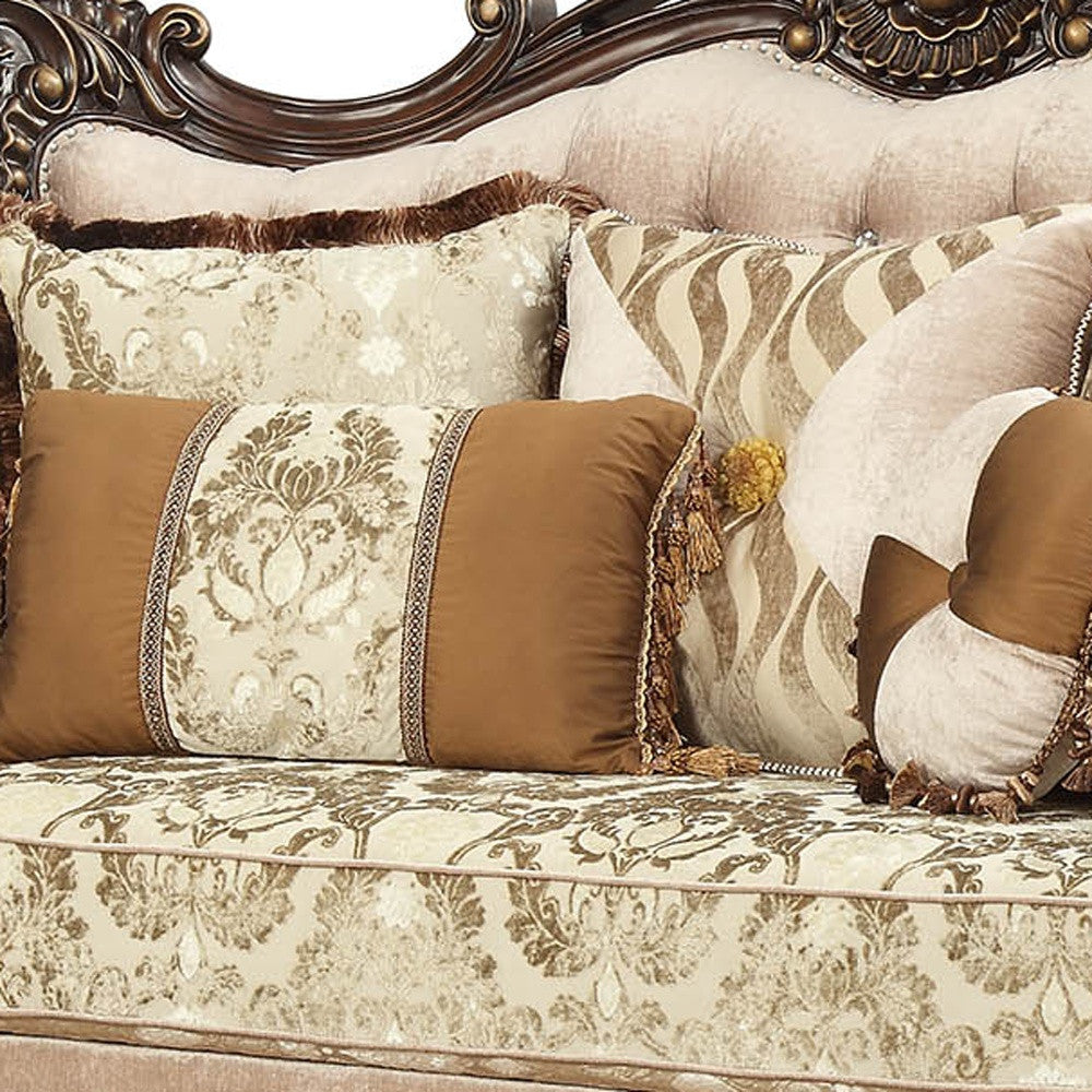 70" Beige and Brown And Brown Damask Loveseat and Toss Pillows - Loft&Timber