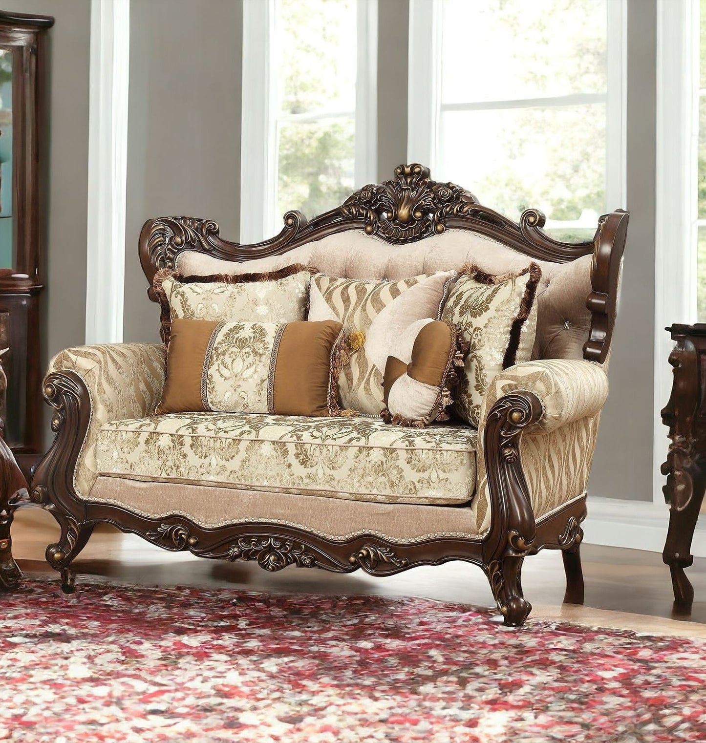 70" Beige and Brown And Brown Damask Loveseat and Toss Pillows - Loft&Timber