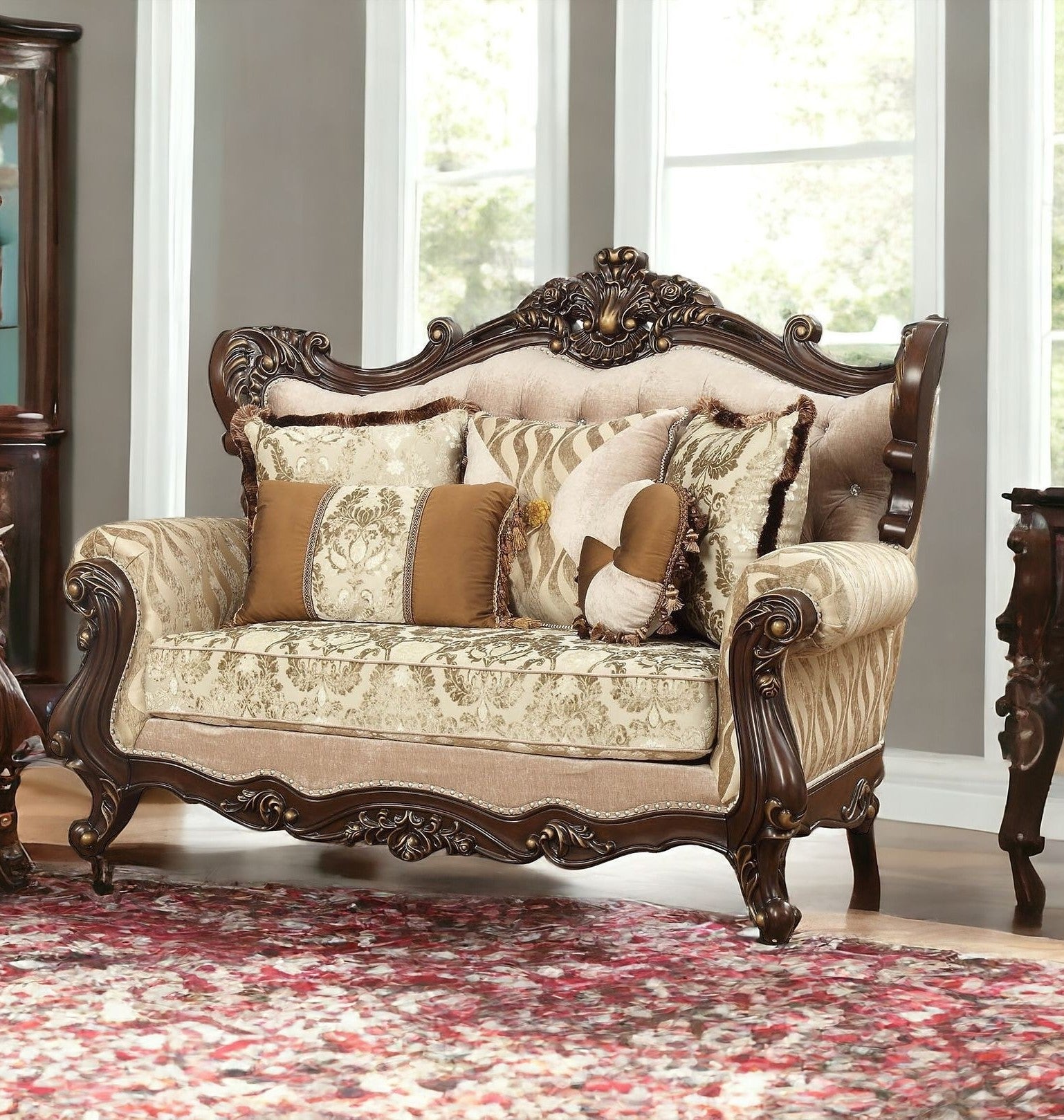 70" Beige and Brown And Brown Damask Loveseat and Toss Pillows - Loft&Timber