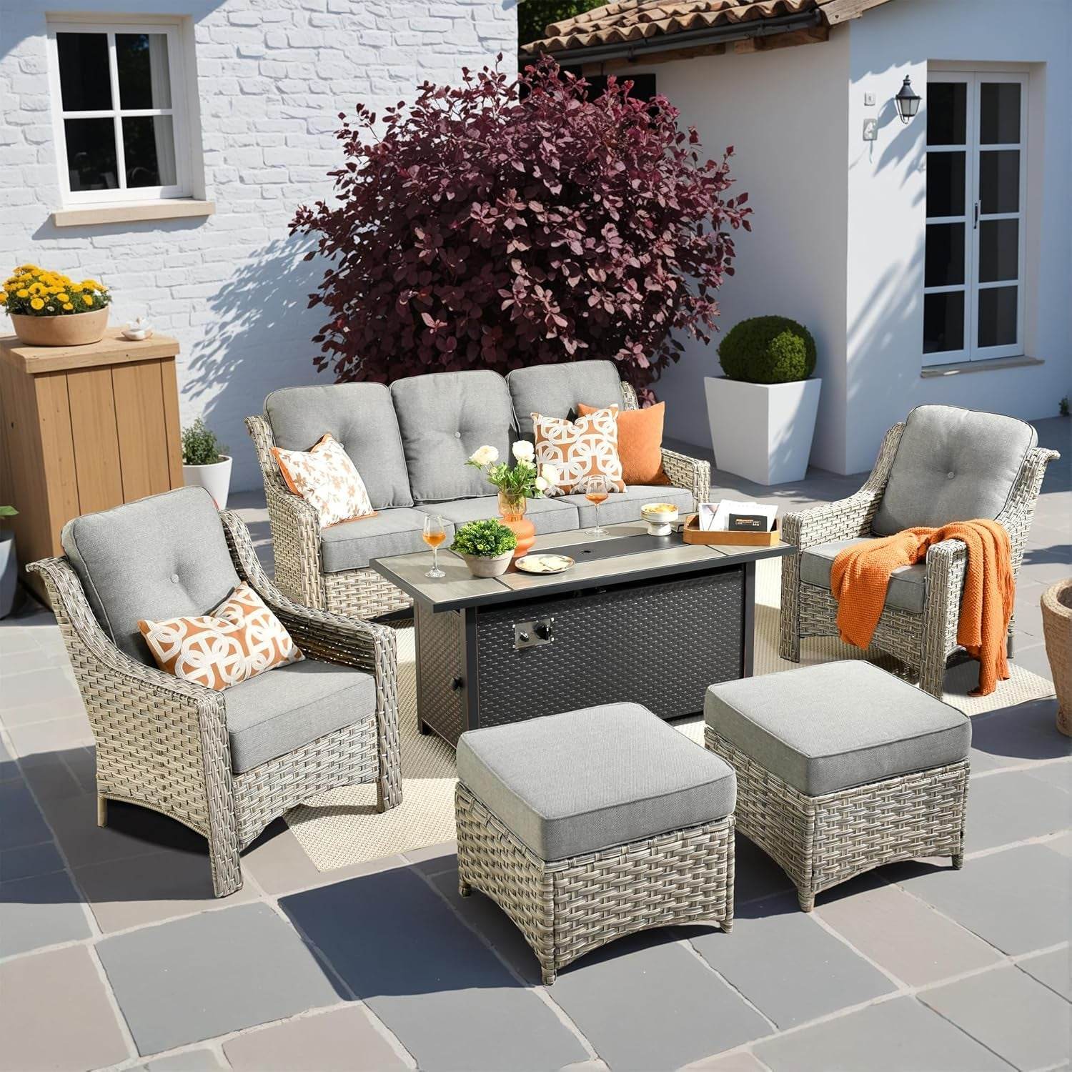 Outdoor Patio Furniture Set with Fire Pit and Ottomans - Loft&Timber