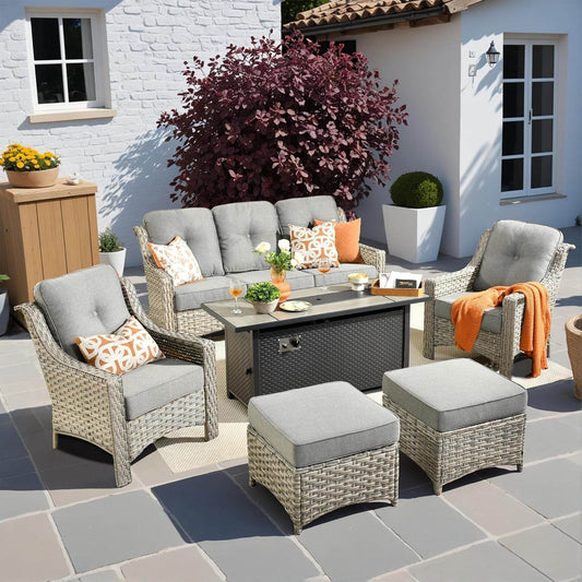 Outdoor Patio Furniture Set with Fire Pit and Ottomans - Loft&Timber