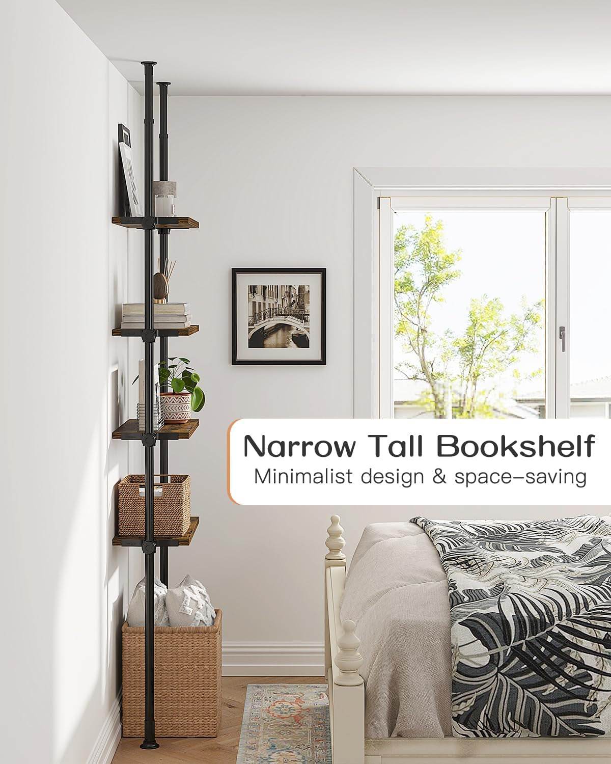 Adjustable Tall Narrow Bookshelf for Bedroom, 64 to 113Inch Height - Loft&Timber