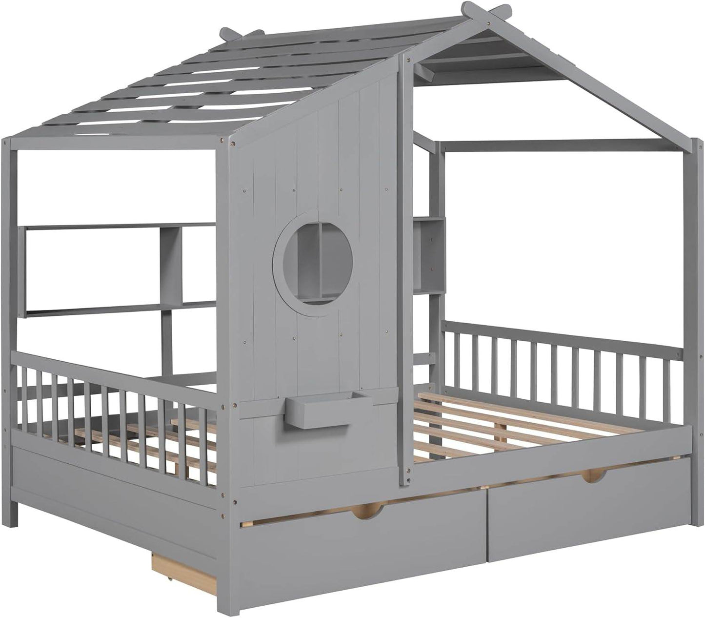 Kids Full Playhouse Bed with Drawers Shelves - Loft&Timber