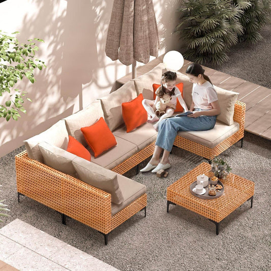 5 Piece Outdoor Patio Furniture Set Modular Outdoor Furniture Set Wicker Outdoor Sectional Sofa with Cushions Table Patio Set for Balcony Porch Deck Yard (Salmon&Orange Wicker, Sand Cushion) - Loft&Timber