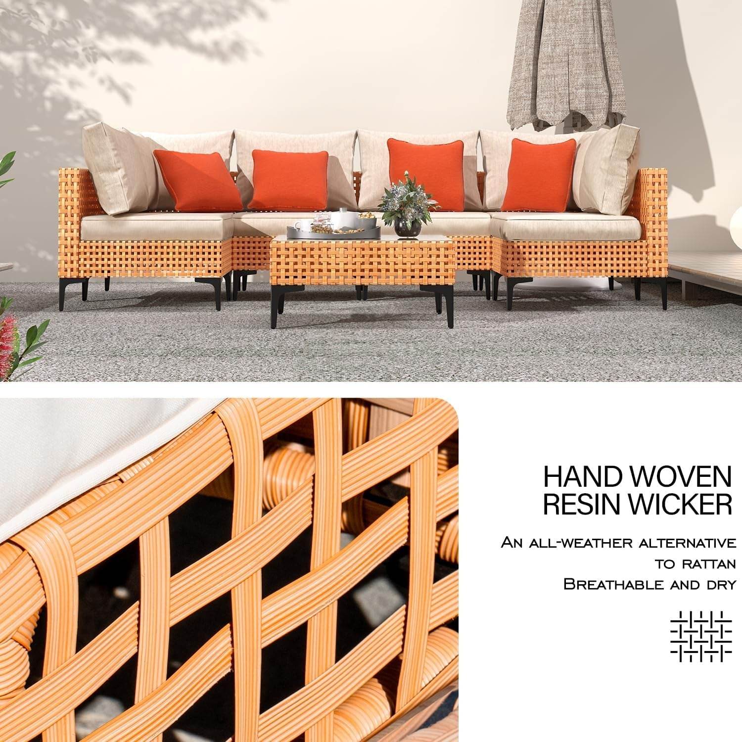 5 Piece Outdoor Patio Furniture Set Modular Outdoor Furniture Set Wicker Outdoor Sectional Sofa with Cushions Table Patio Set for Balcony Porch Deck Yard (Salmon&Orange Wicker, Sand Cushion) - Loft&Timber