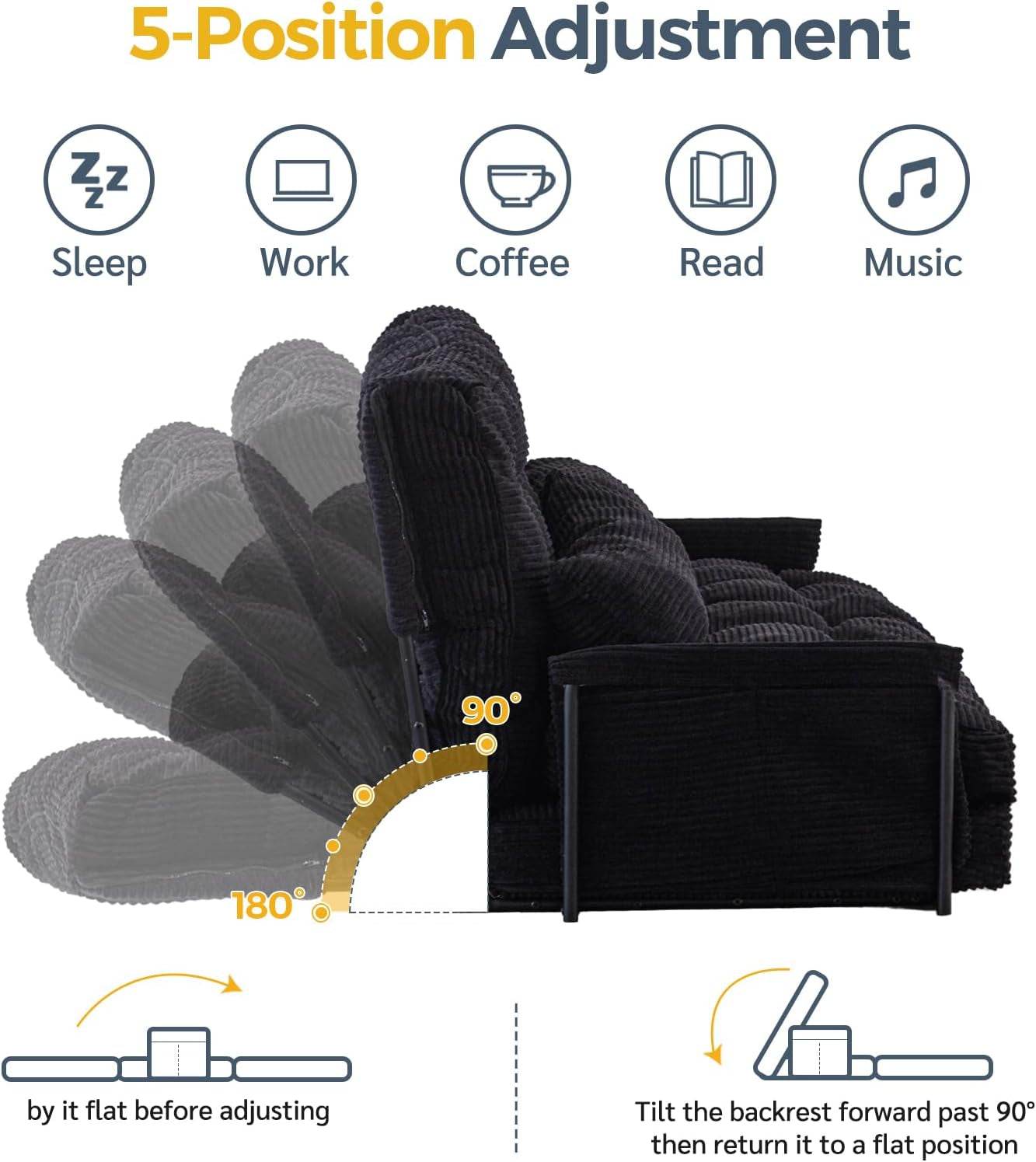 Adjustable Floor Sofa Couch with 2 Pillows, Multi-Functional Bean Bag Bed, 5-Position Foldable Lazy Sofa Sleeper Bed with Armrest, Versatile Floor Seating Sofa for Reading, Black, Double - Loft&Timber
