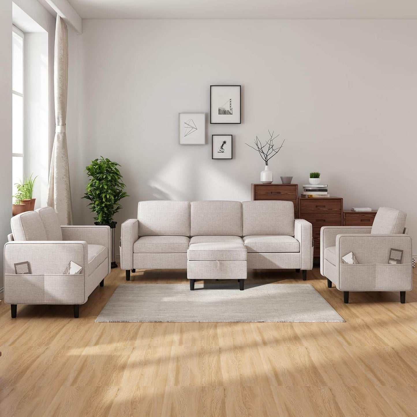 6 Seaters Sectional Upholstered Sofa, Linen Fabric Sofa Couch with Side Pockets, Free Combination Sofa Set with Movable Storage Ottoman, for Living Room-Sofa&Loveseat&Chair&Ottoman,Beige - Loft&Timber