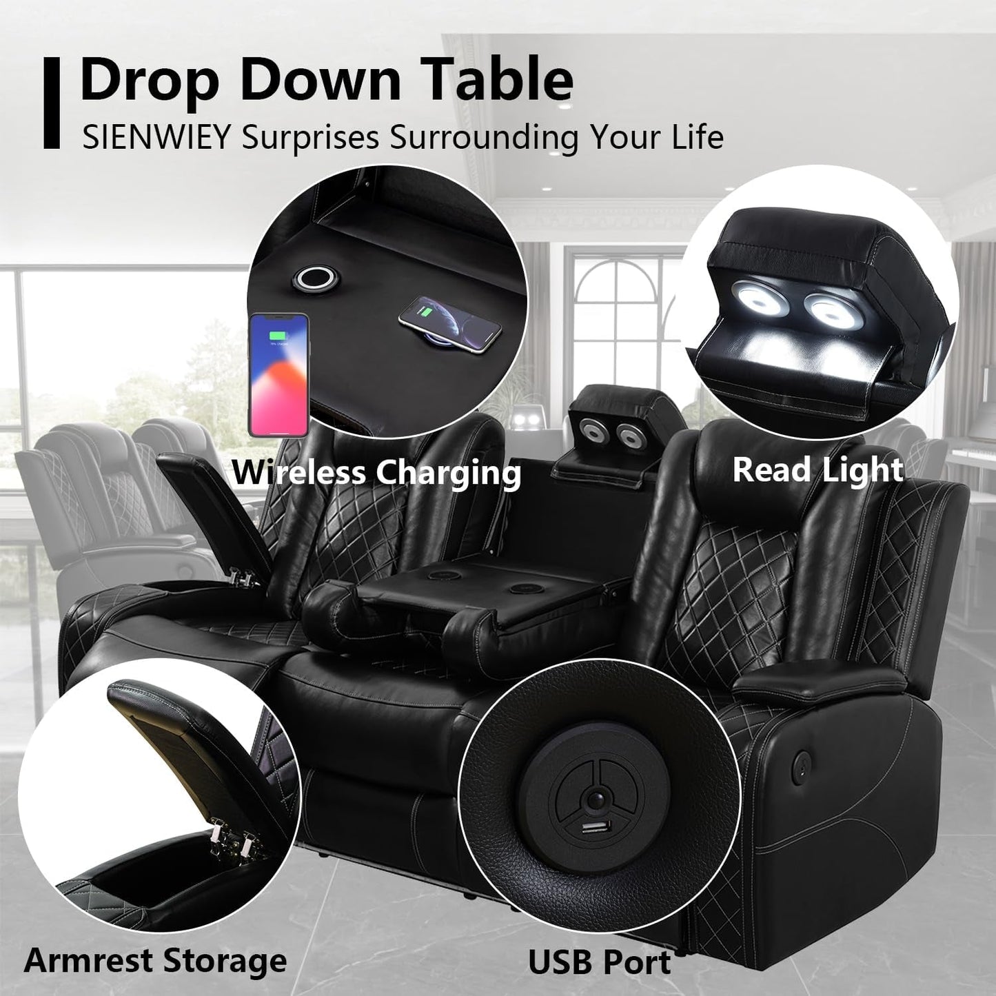 Power Black Leather Reclining Sofa Set with LED Light for Living Room Set,Theater Seat Recliner Chair 3 Seats Double Recliner Sofa with Drop-Down Table/Read Light/Wireless Charge/Usb Port-2