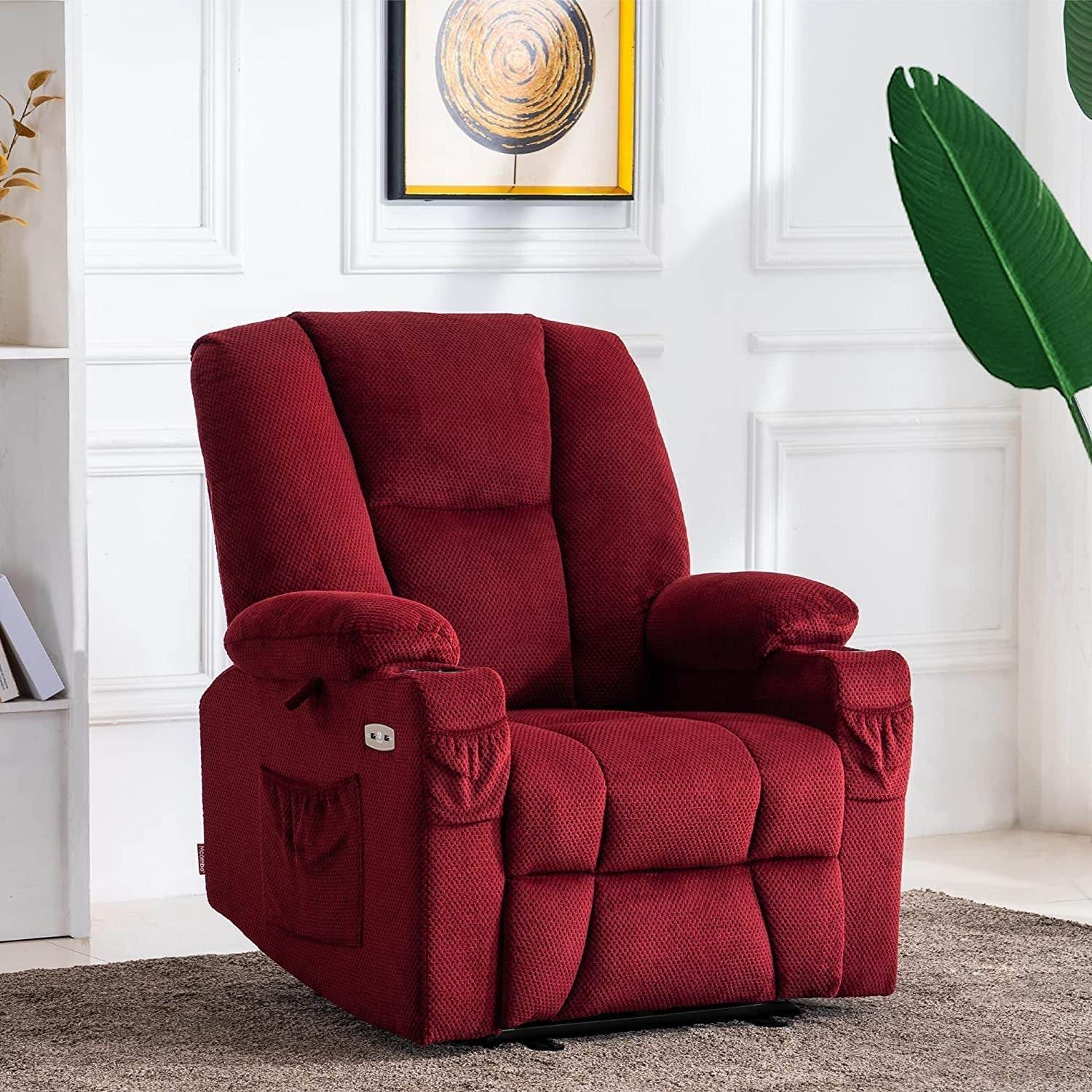 Fabric Electric Power Recliner Chair with Heat and Massage, Burgundy - Loft&Timber