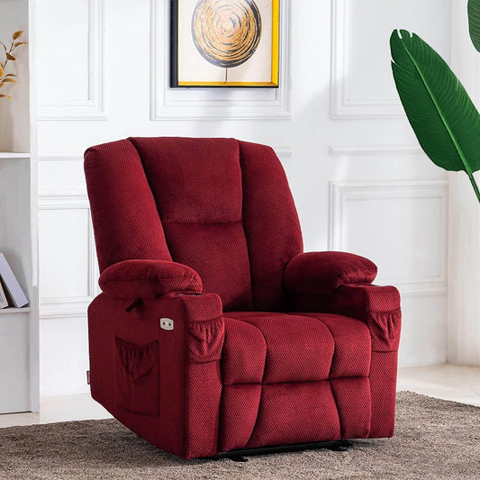 Fabric Electric Power Recliner Chair with Heat and Massage, Burgundy - Loft&Timber