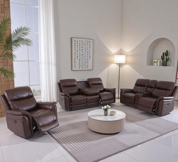Power Recliner Sofa Set with LED, Breathing Leather Reclining Sofa Set, Living Room Set Recliner Couch Loveseat with USB Port/Cup Holder/Storage for Living Room (3 Pieces Couch Set, Brown)-0