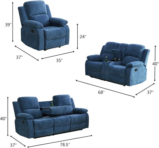 3 Seater Recliner Sofa Couch Modern Manual Reclining Sofa Fabric Reclining Sofa Living Room Couch with Dual Cup Holders and Drop down Table for Living Room/Office/Rv Car (Blue, 3 Seater Sofa) - Loft&Timber