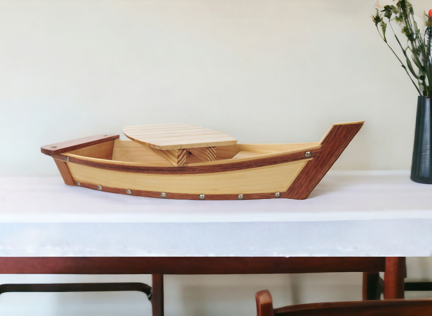 17" Natural and Brown Wood Sushi Boat Serving Tray - Loft&Timber