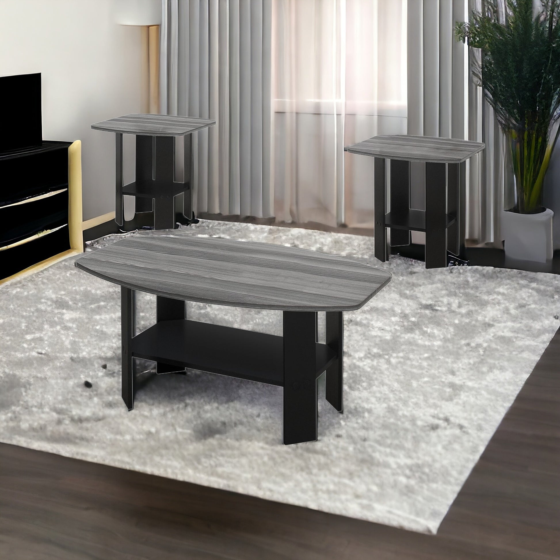 Set of Three 36" Gray And Black Wood Coffee Table With Shelf - Loft&Timber