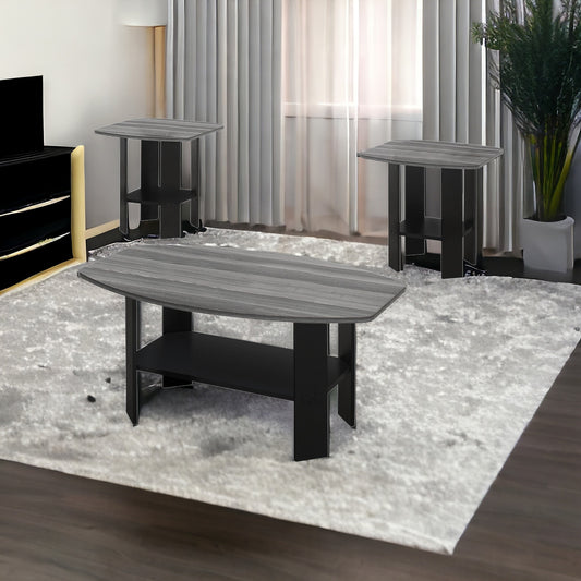 Set of Three 36" Gray And Black Wood Coffee Table With Shelf - Loft&Timber