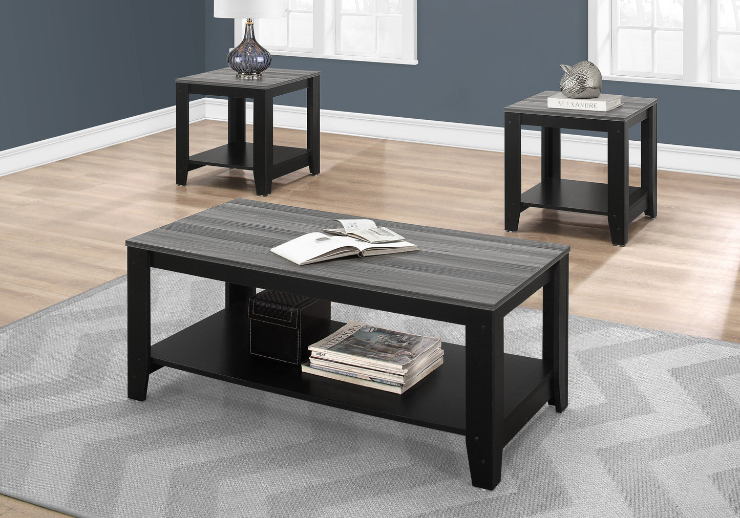 Set of Three 42" Gray And Black Coffee Table With Shelf - Loft&Timber